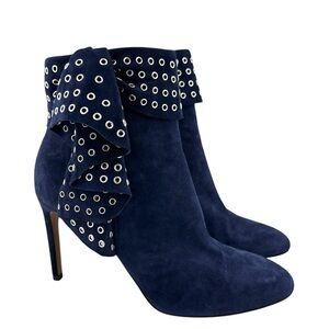 Alaia Embellished Suede Ankle Boots in Navy Blue